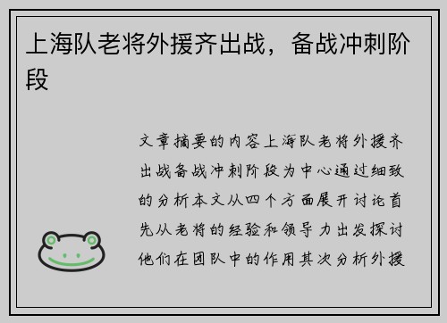 上海队老将外援齐出战，备战冲刺阶段