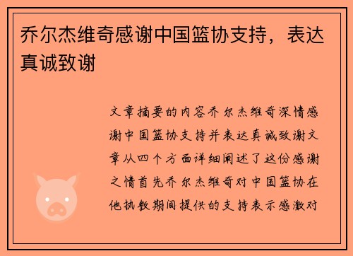 乔尔杰维奇感谢中国篮协支持，表达真诚致谢